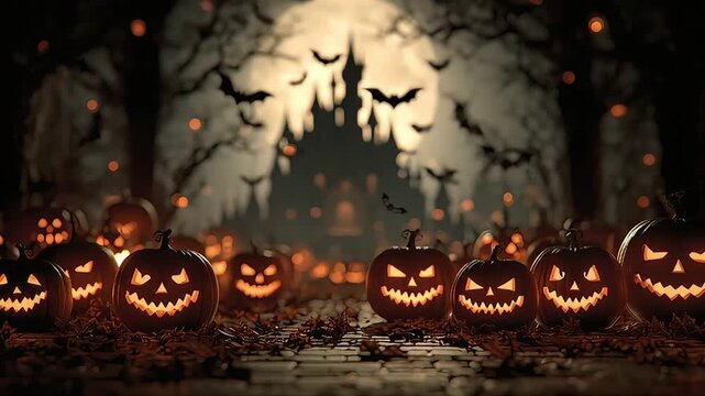 Creepy Jack-o&rsquo;-Lantern Pumpkins in Haunted Forest with Castle and Full Moon
