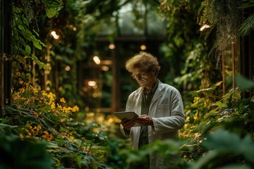Agricultural scientist using tablet in greenhouse, inspecting plants and taking notes