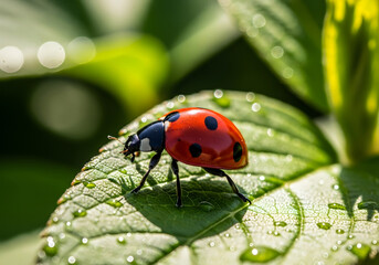 Fototapeta premium Ladybug on Green Leaf with Dew Drops in Sunlight