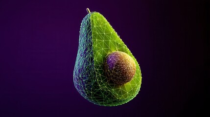 Futuristic digital avocado with wireframe design glowing in neon green against dark purple background - modern 3D food technology visualization for digital art or tech advertising