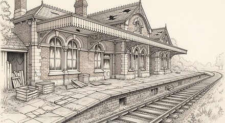 Vintage Train Station Sketch with Tracks.