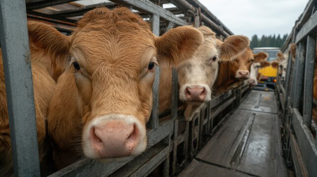 Cows are lined up inside a livestock truck, looking out curiously. The setting is rural with overcast skies, highlighting the transport process to a farm or market