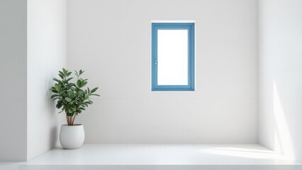 A bright minimalist room with a single blue framed window and a potted plant