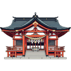 Fototapeta premium Illustration of a traditional Japanese Shinto shrine with red and white accents, featuring a tiered roof and steps.