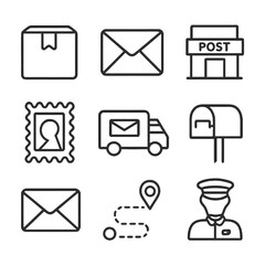 Simple linear icons of mail and postal services on gray background