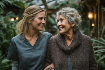 Nurse smiling and assisting elderly woman in a garden