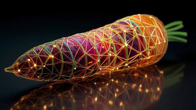 Artistic carrot wrapped in glowing golden wire mesh against black background, creating futuristic food art with geometric patterns and colorful light reflections