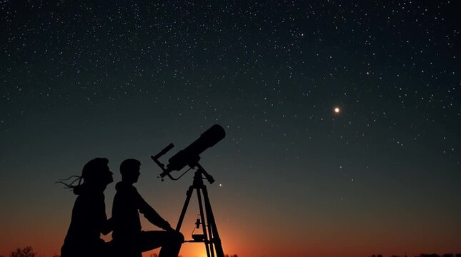 Romantic couple silhouetted against sunset, peering through telescope, observing starry sky, sharing celestial moment together