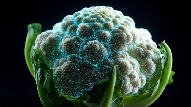 Innovative digital visualization of fresh cauliflower with glowing blue wireframe overlay against black background showcasing food technology and modern agricultural analysis
