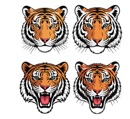 Set of four stylized tiger head illustrations in 2x2 grid with bold graphic style, fierce expressions, and detailed fur textures
