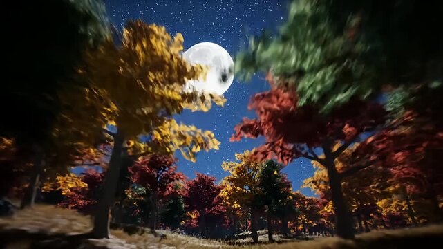 Autumnal forest under a star filled night sky with a full bright moon above the trees