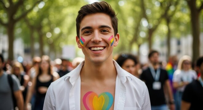 Young caucasian male celebrating pride with heart and rainbow face paint outdoors