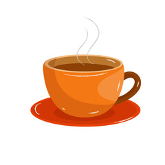 Orange coffee cup on a red saucer. Vector illustration with an autumn theme. Hot drink, morning ritual, breakfast. White background, hand drawn