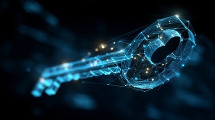 Innovative digital key concept with glowing blue network connections representing cybersecurity and digital access technology against dark background with free copy space for text