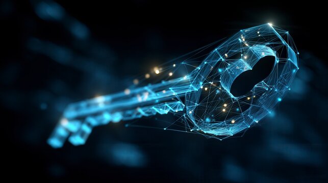 Innovative digital key concept with glowing blue network connections representing cybersecurity and digital access technology against dark background with free copy space for text