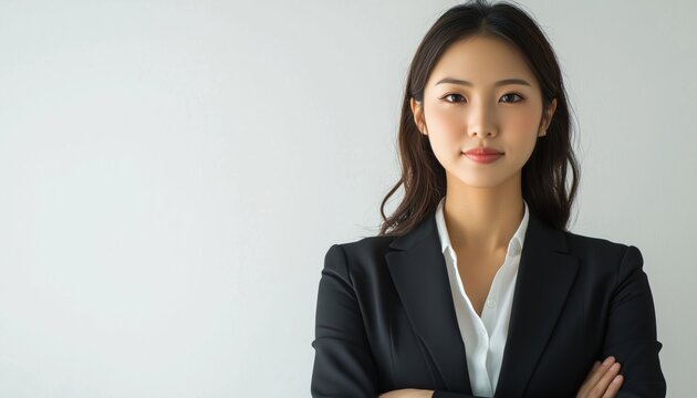 Stunning Asian Businesswoman Poses Gracefully Against White Background: Elegant Professional Portrait Of An Asian Female Entrepreneur.