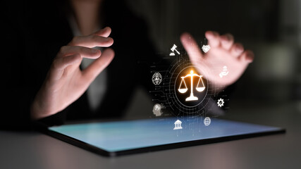 Futuristic digital law interface displaying justice scale, highlighting digital law, AI compliance,...