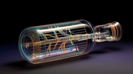 Futuristic transparent glass vacuum tube with colorful light trails and wireframe patterns against black background for electronics technology visualization