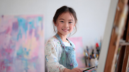 Smiling young asian girl painting on large canvas in bright white art studio with colorful artwork