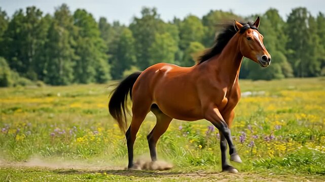Chestnut horse with black mane and tail trots across a grassy field on a sunny day