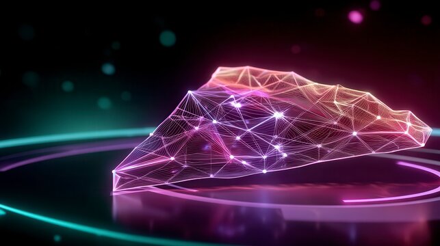 Futuristic digital brain visualization with glowing pink and purple wireframe network on dark background, technology concept for artificial intelligence with free copy space