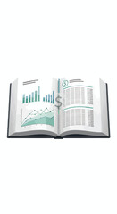 An open book filled with financial data, charts, and graphs with a dollar symbol, illustrating concepts of business accounting, economics, and investment analysis