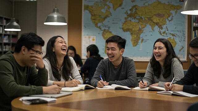 Smiling students study together around a table with a world map in the background