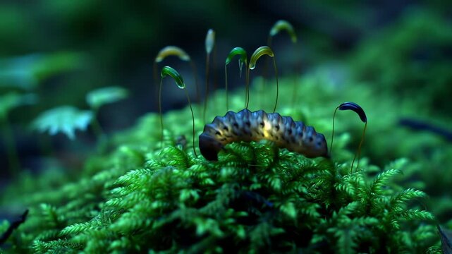 a glowworm larva crawling along moss, its faint bioluminescence pulsing rhythmically