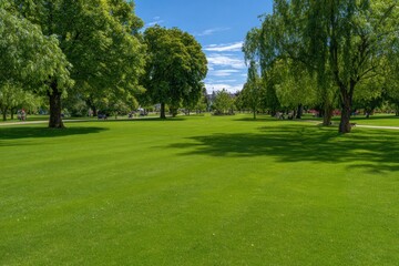 Lush green grass field with trees and people in a park.