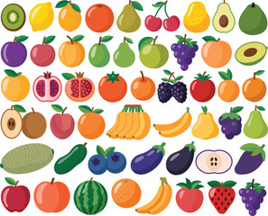 Colorful Vector Set of Fresh Fruits and Vegetables for Healthy Eating, Organic Food, Vegan Lifestyle, Diet, and Nutrition Concepts