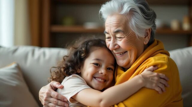 A heartwarming moment of intergenerational connection between an older woman and a young girl on a cozy couch