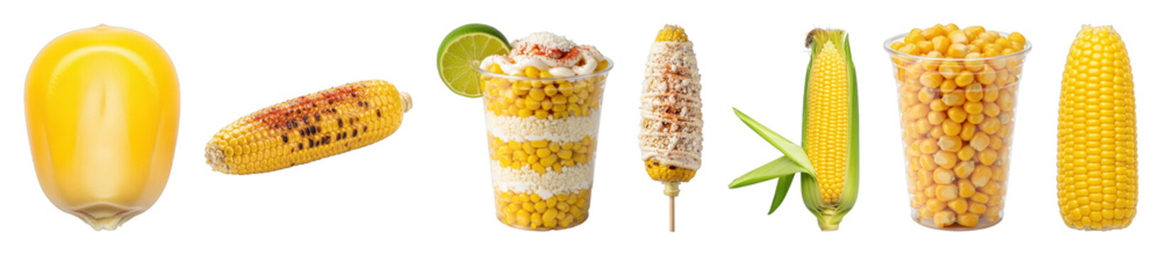 Corn set including kernel, fresh cob, grilled, esquites, and elote preparations isolated. Mexican street food ingredients.