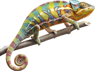 Colorful chameleon perched on branch isolated on a transparent background