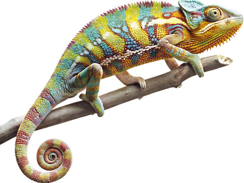 Colorful chameleon perched on branch isolated on a transparent background