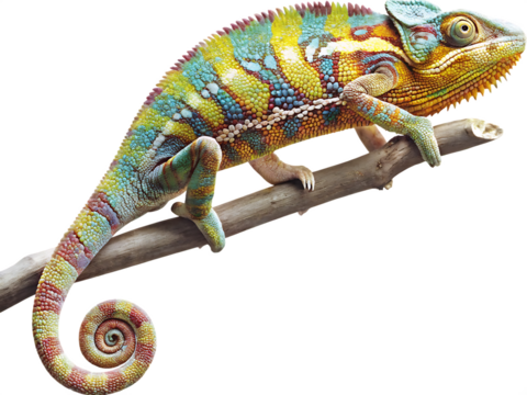 Colorful chameleon perched on branch isolated on a transparent background
