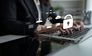 Digital cyber security lock system highlighting data security encryption, cyber password protection, fingerprint ID, cloud storage safety, and cyber security for online access Latch