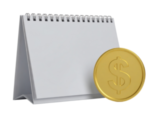  Angled Perspective Desk Calendar with Shiny Golden Dollar, Isolated.