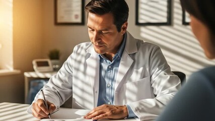 Doctor Taking Notes While Consulting Patient in Bright Office Setting - Powered by Adobe