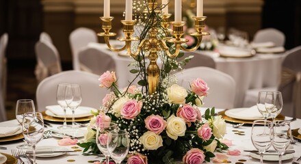 Elegant Wedding Table Setting with Roses and Candelabra