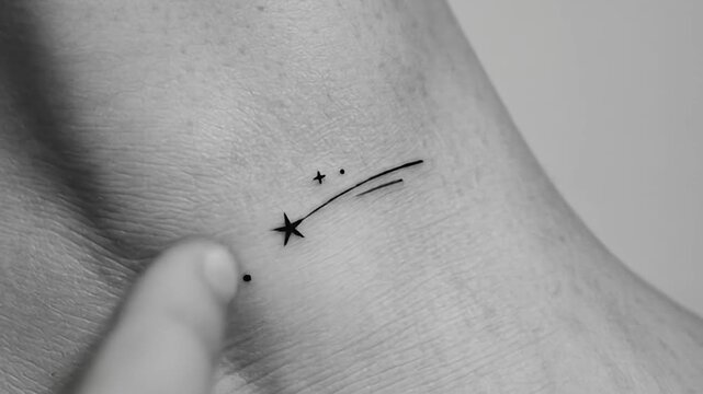 Monochrome image of a small shooting star tattoo on light skin, simple line design