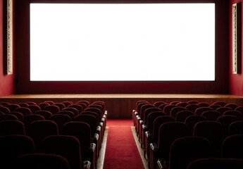 Naklejka premium Empty cinema hall with red seats and a bright white screen