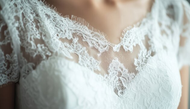 Close-Up Detail Of A White Wedding Dress Adorned With Delicate Lace For A Stylish And Elegant Bridal Look.
