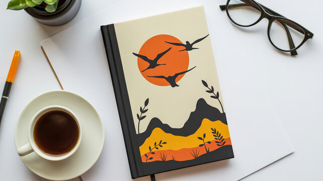 Artistic notebook with a serene landscape design featuring birds flying towards a vibrant sun alongside coffee and glasses