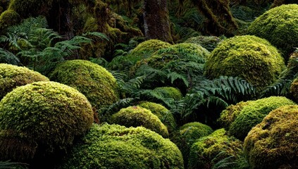 Lush mossy growth on forest floor.