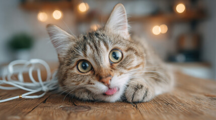 Playful cat resting on a wooden surface with a whimsical expression.