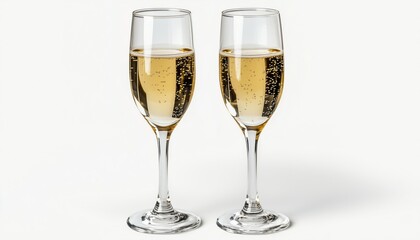 Elegant Setting: Two Glasses Of Sparkling Champagne On A White Tablecloth. Perfect For A Romantic Evening Or Special Celebration. Classic And Sophisticated.