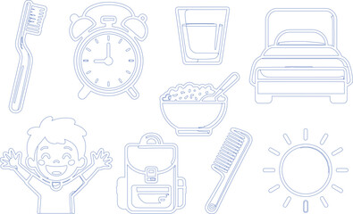 Fototapeta premium Cute Boy with Toothbrush, Alarm, Cereal, Bed, Backpack, Comb, Sun Outline on White