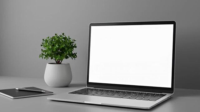 Silver laptop with blank screen, plant, notebook and pen on a gray surface