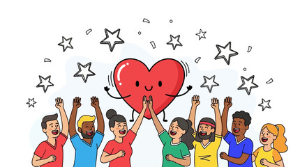 Fototapeta premium Diverse people cheering for a heart character embodying unity and love celebration