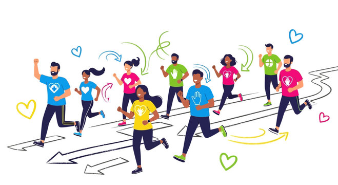Diverse Group of People Running Together for a Cause, Promoting Health and Wellness with Hearts